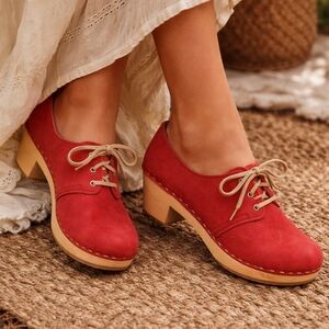 Sandgrens Red Leather Lace-Up Clogs Wooden Heel Swedish Handmade Boho 39